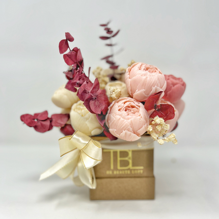Burgundy Eucalyptus and Neutrals Mixed Small Square Soapery Flower Arrangement