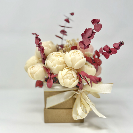 Burgundy Eucalyptus and Neutrals Mixed Small Square Soapery Flower Arrangement