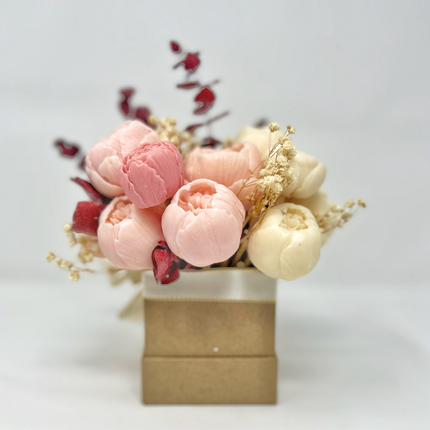 Burgundy Eucalyptus and Neutrals Mixed Small Square Soapery Flower Arrangement