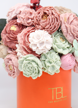Mixed Flowers Green & Pink Orange Box 10-12 Flowers SoapFleur Forever Soap Bouquet with Dehydrated Botanicals